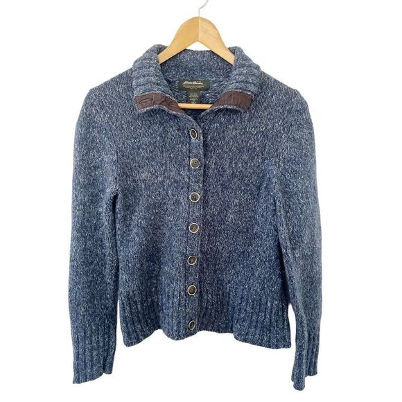 Eddie Bauer Blue Marled Elbow Patch Collared Wool Blend Cardigan Sweater - Picture 1 of 7